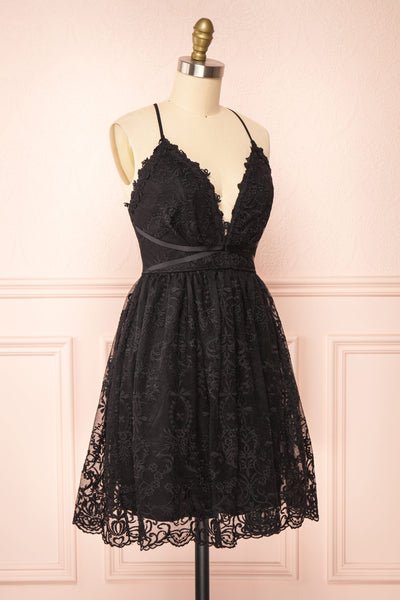 Sofie Black Short Embroidered Dress w/ V-neckline | Boutique 1861 side view