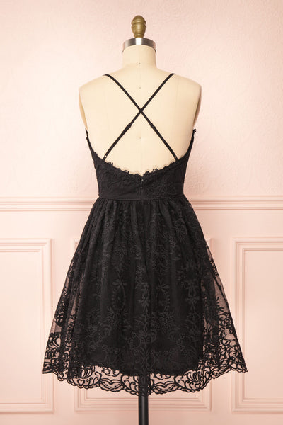 Sofie Black Short Embroidered Dress w/ V-neckline | Boutique 1861 back view