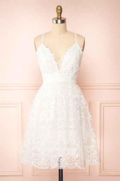 Sofie Ivory Short Embroidered Dress w/ V-neckline | Boutique 1861 front view