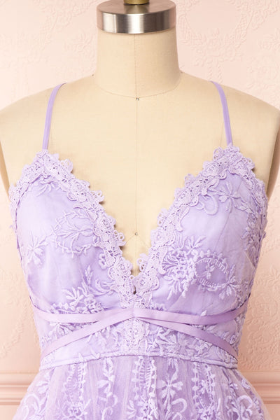 Sofie Lilac Short Embroidered Dress w/ V-neckline | Boutique 1861front close up