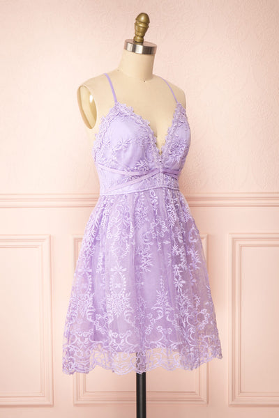 Sofie Lilac Short Embroidered Dress w/ V-neckline | Boutique 1861side view