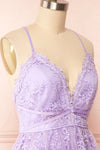 Sofie Lilac Short Embroidered Dress w/ V-neckline | Boutique 1861side close up
