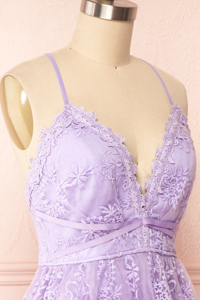 Sofie Lilac Short Embroidered Dress w/ V-neckline | Boutique 1861side close up