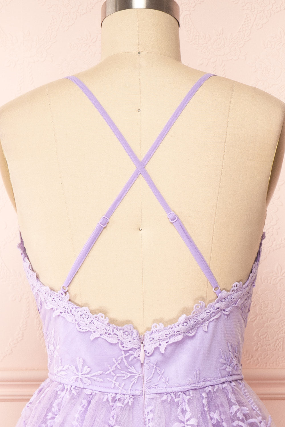 Sofie Lilac Short Embroidered Dress w/ V-neckline | Boutique 1861 back close up