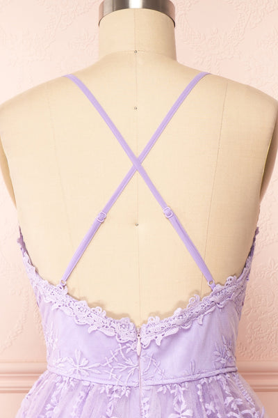 Sofie Lilac Short Embroidered Dress w/ V-neckline | Boutique 1861 back close up