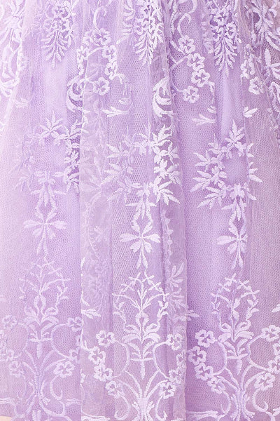 Sofie Lilac Short Embroidered Dress w/ V-neckline | Boutique 1861 fabric