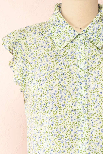 Sohvi Green Floral Button-Up Short Dress | Boutique 1861 front close-up