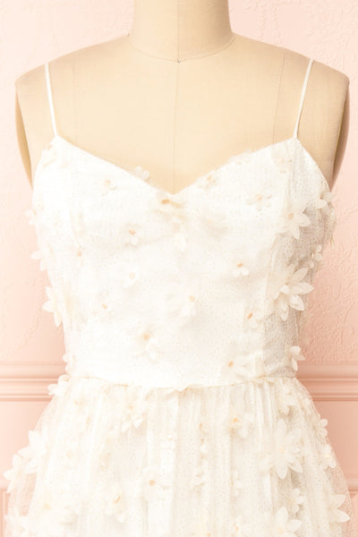 Solene White Midi Tulle Dress w/ Floral Appliqués | Boutique 1861 front close-up