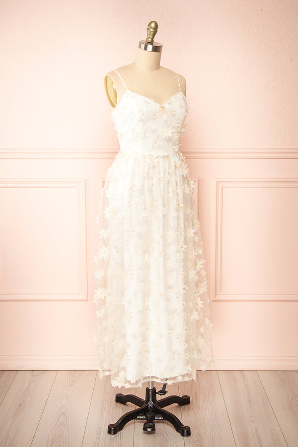 Solene White Midi Tulle Dress w/ Floral Appliqués