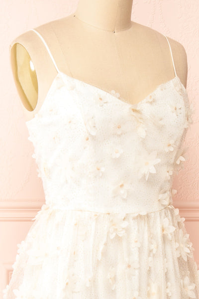 Solene White Midi Tulle Dress w/ Floral Appliqués | Boutique 1861 side close-up
