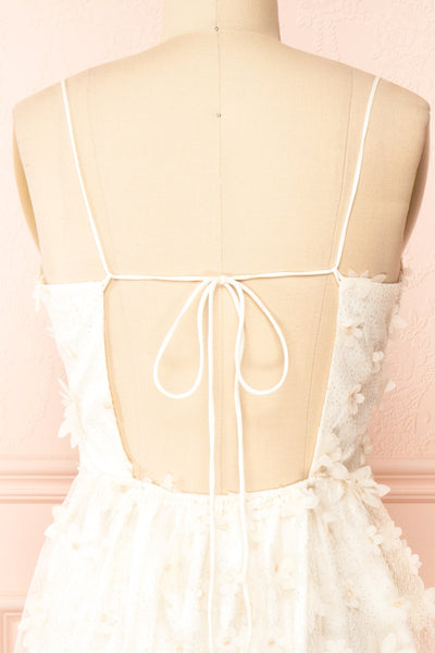 Solene White Midi Tulle Dress w/ Floral Appliqués | Boutique 1861 back close-up