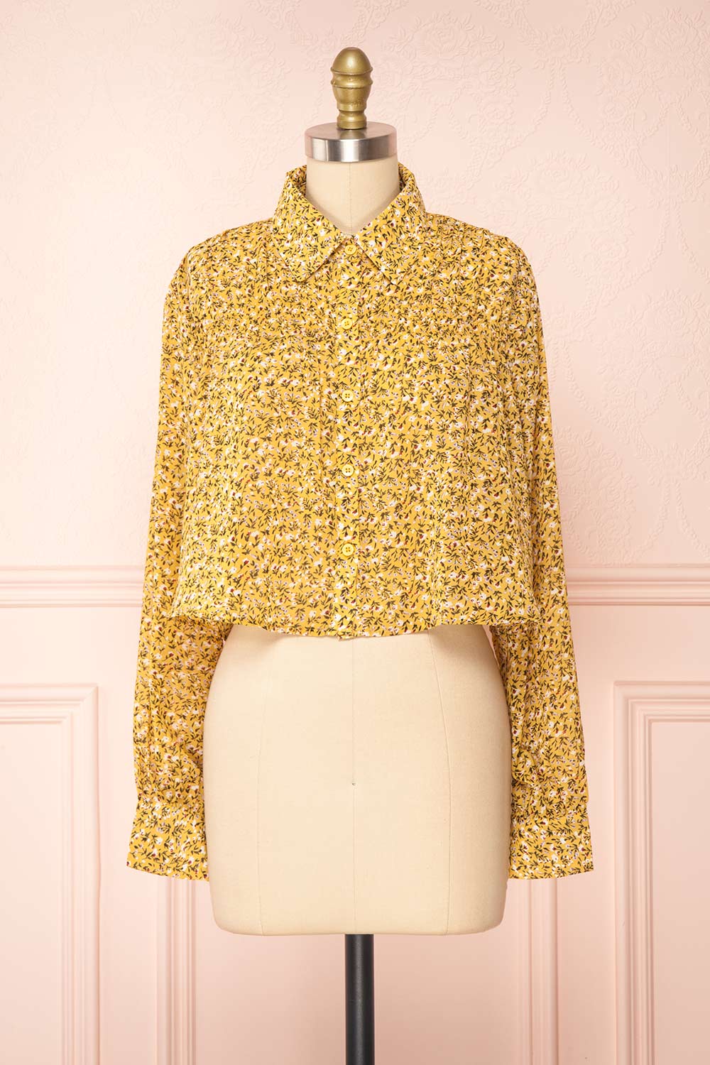 Somin Mustard Floral Long Sleeve Cropped Blouse | Boutique 1861 front view 