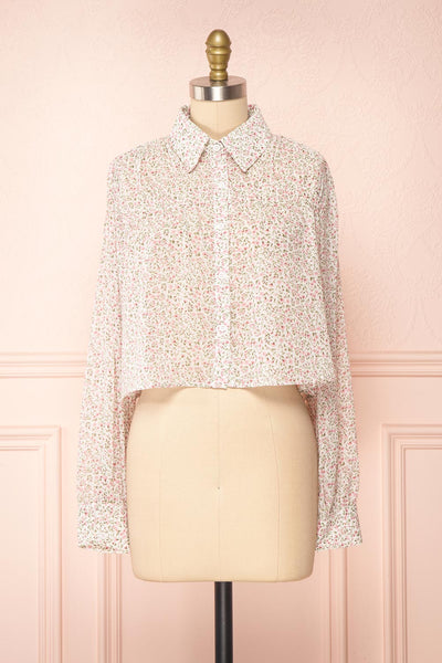 Somin White Floral Long Sleeve Cropped Blouse | Boutique 1861 front view