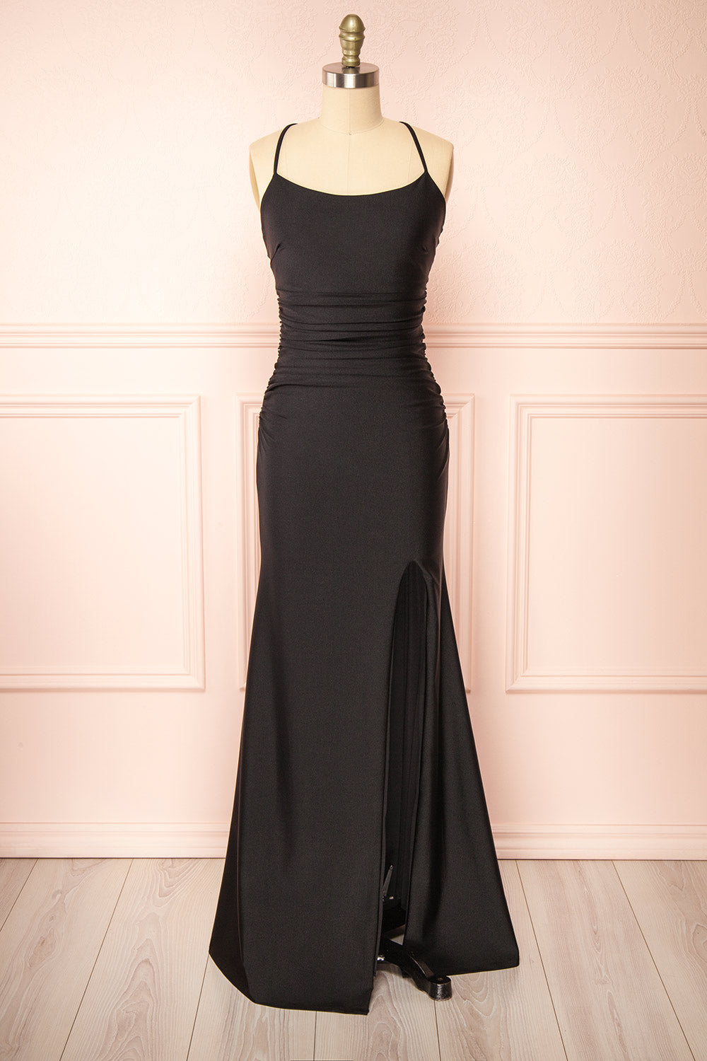 Sonia Black Backless Mermaid Maxi Dress w/ Slit | Boutique 1861 front view