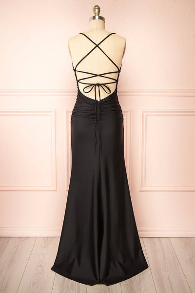 Sonia Black Backless Mermaid Maxi Dress w/ Slit | Boutique 1861 back view