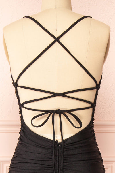 Sonia Black Backless Mermaid Maxi Dress w/ Slit | Boutique 1861 back close-up