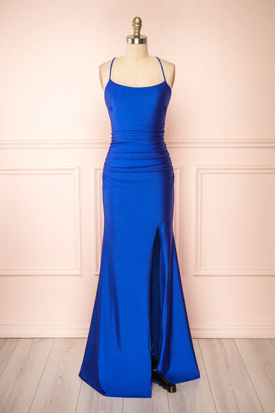 Sonia Blue Backless Mermaid Maxi Dress w/ Slit | Boutique 1861 front view