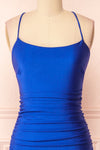 Sonia Blue Backless Mermaid Maxi Dress w/ Slit | Boutique 1861 front close-up