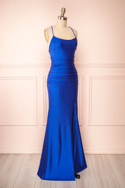 Sonia Blue Backless Mermaid Maxi Dress w/ Slit | Boutique 1861 side view