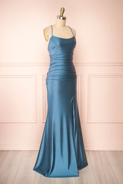 Sonia Blue Grey Backless Mermaid Maxi Dress w/ Slit | Boutique 1861 side view