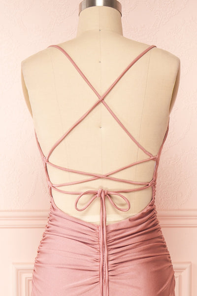 Sonia Blush Backless Mermaid Maxi Dress w/ Slit | Boutique 1861back close up