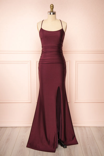 Sonia Burgundy Backless Mermaid Maxi Dress w/ Slit | Boutique 1861 front view