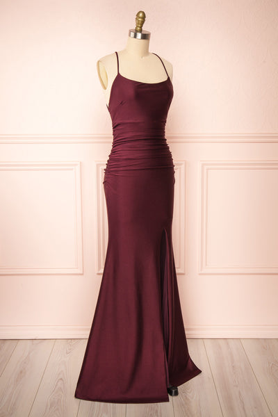 Sonia Burgundy Backless Mermaid Maxi Dress w/ Slit | Boutique 1861 side view