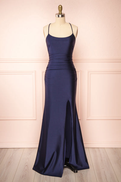 Sonia Navy Mermaid Maxi Dress w/ Slit | Boutique 1861 frotn view