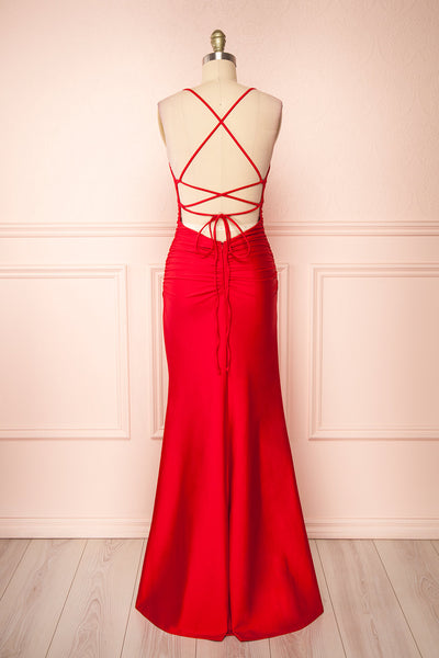 Sonia Red Backless Mermaid Maxi Dress w/ Slit | Boutique 1861 back view