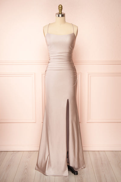 Sonia Taupe Backless Mermaid Maxi Dress w/ Slit | Boutique 1861 front view