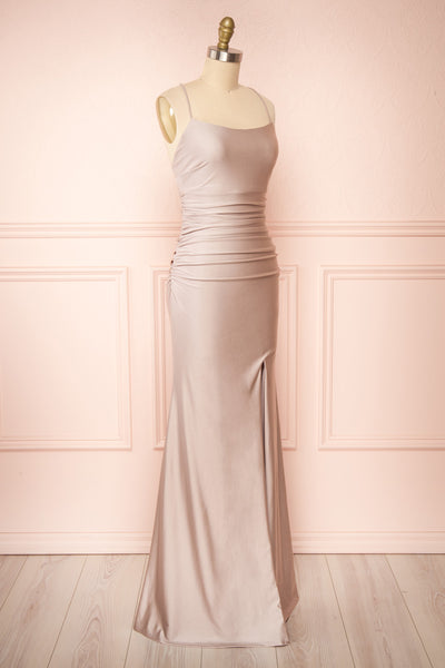 Sonia Taupe Backless Mermaid Maxi Dress w/ Slit | Boutique 1861 side view