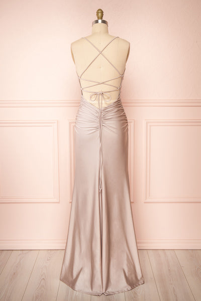 Sonia Taupe Backless Mermaid Maxi Dress w/ Slit | Boutique 1861 back view
