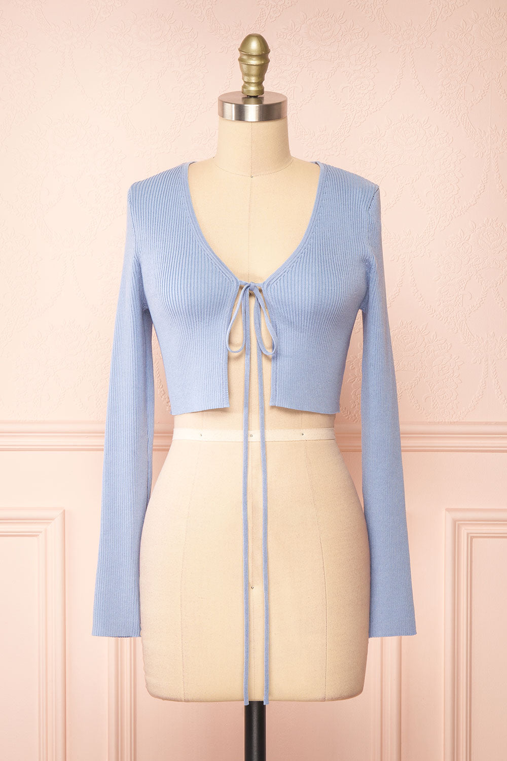 Sorcha | Blue Ribbed Cropped Cardigan w/ Front Tie