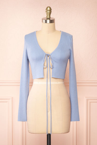 Sorcha Blue Ribbed Cropped Cardigan w/ Front Tie | Boutique 1861 front view