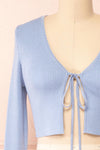 Sorcha Blue Ribbed Cropped Cardigan w/ Front Tie | Boutique 1861 front close-up