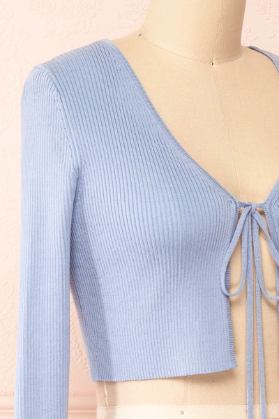 Sorcha Blue Ribbed Cropped Cardigan w/ Front Tie | Boutique 1861 side close-up