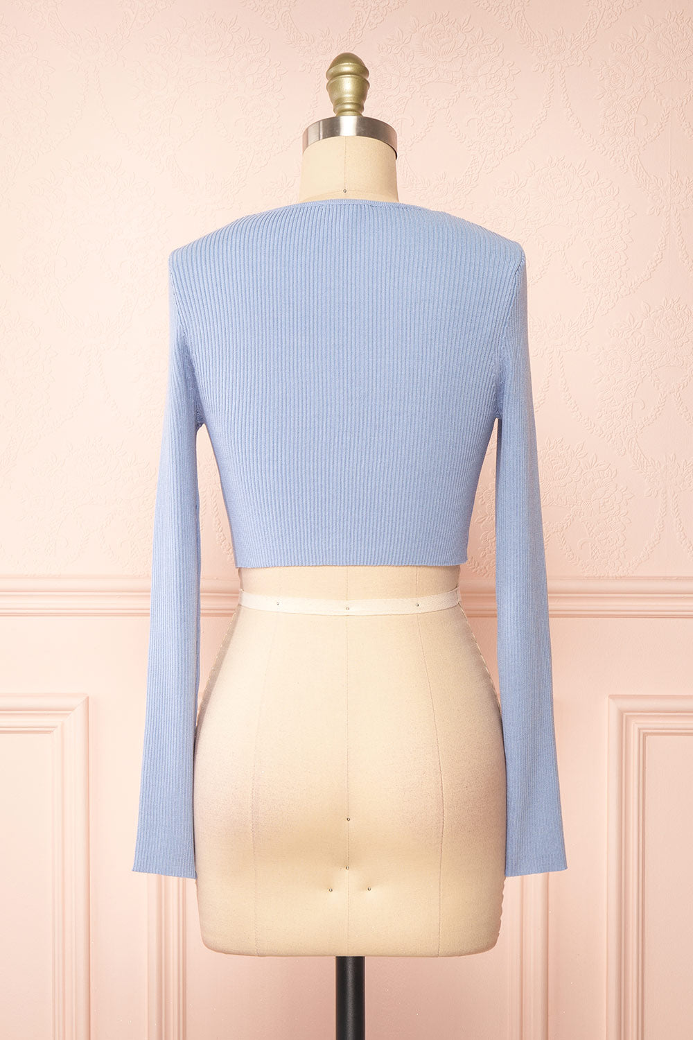 Sorcha Blue Ribbed Cropped Cardigan w/ Front Tie | Boutique 1861 back view 