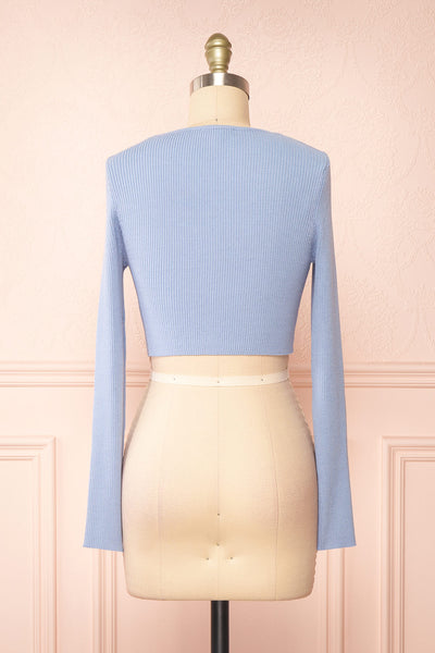 Sorcha Blue Ribbed Cropped Cardigan w/ Front Tie | Boutique 1861 back view