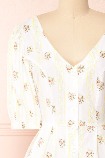 Srina Cream Floral V-Neck Buttoned Short Dress | Boutique 1861 front close-up