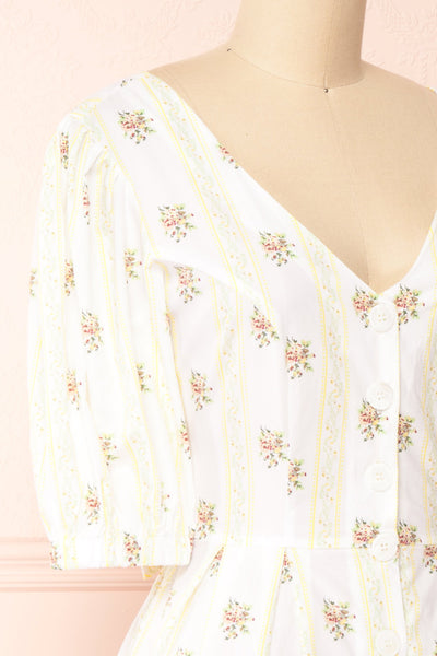 Srina Cream Floral V-Neck Buttoned Short Dress | Boutique 1861 side close-up