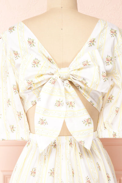 Srina Cream Floral V-Neck Buttoned Short Dress | Boutique 1861 back close-up