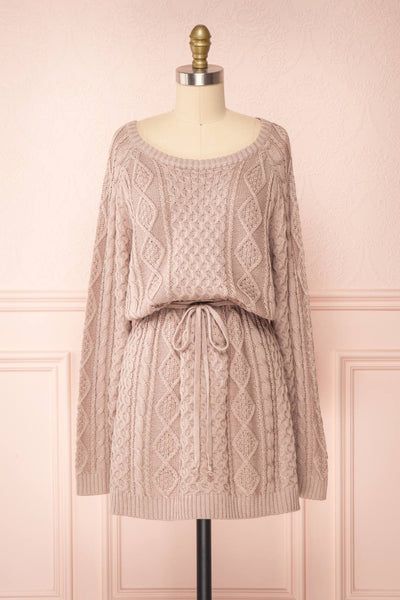 Steffie Taupe Drawstring Knitted Dress | Boutique 1861 front view