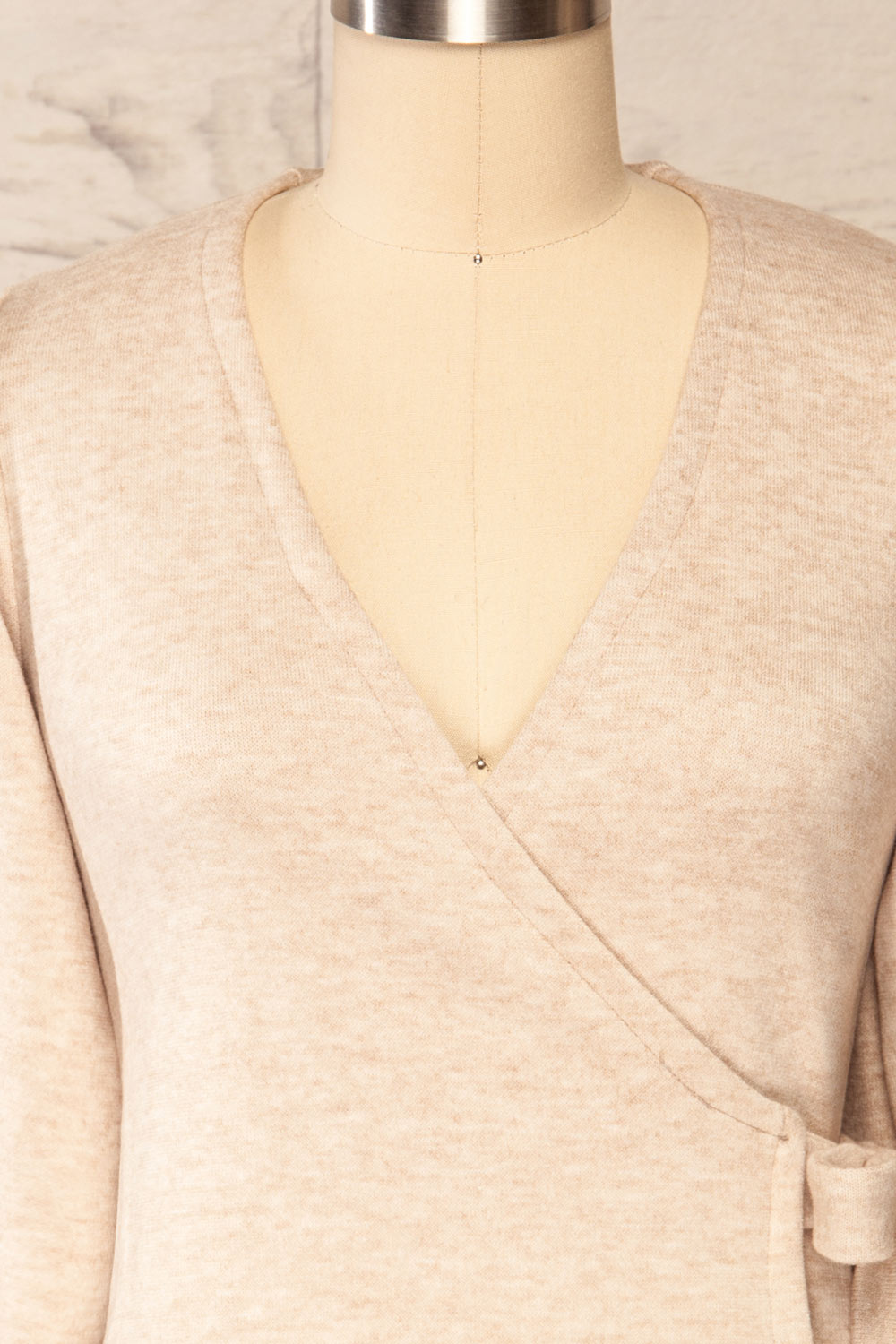 Steria Sand Lantern Sleeve Wrap Top | La petite garçonne front close-up