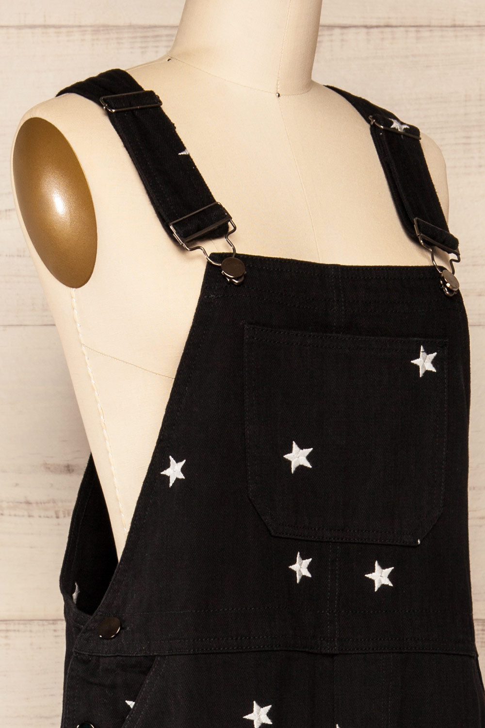 Sterope Black Denim Overalls w/ Embroidered Stars | La petite garçonne side close-up