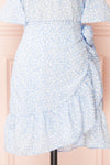 Stevette Blue Short Faux-Wrap Dress w/ Ruffles | Boutique 1861 bottom close-up