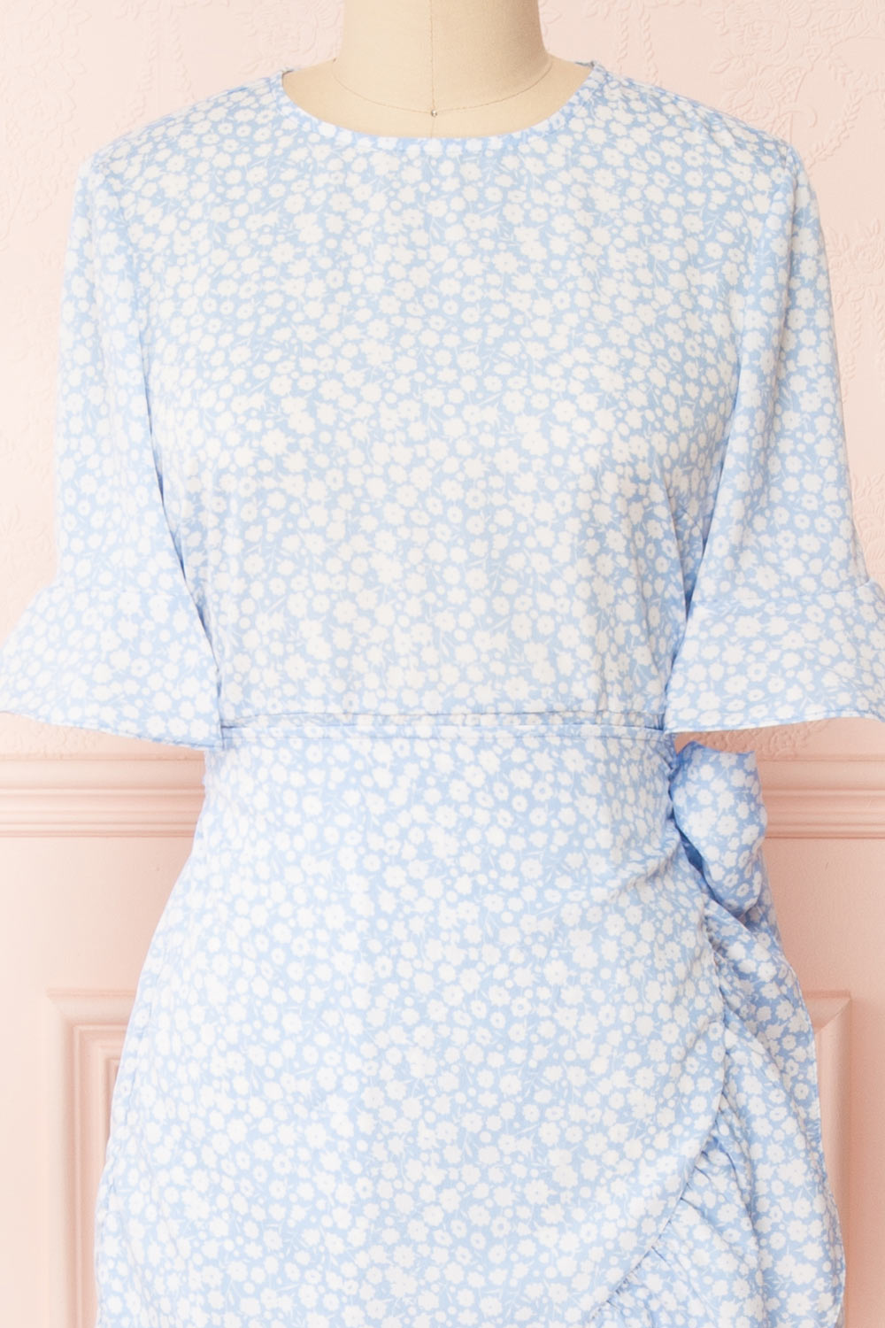 Stevette Blue Short Faux-Wrap Dress w/ Ruffles | Boutique 1861 front close-up