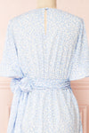 Stevette Blue Short Faux-Wrap Dress w/ Ruffles | Boutique 1861 back close-up