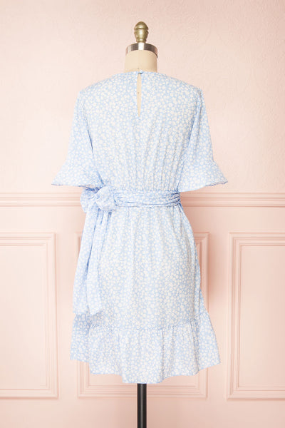 Stevette Blue Short Faux-Wrap Dress w/ Ruffles | Boutique 1861 back view