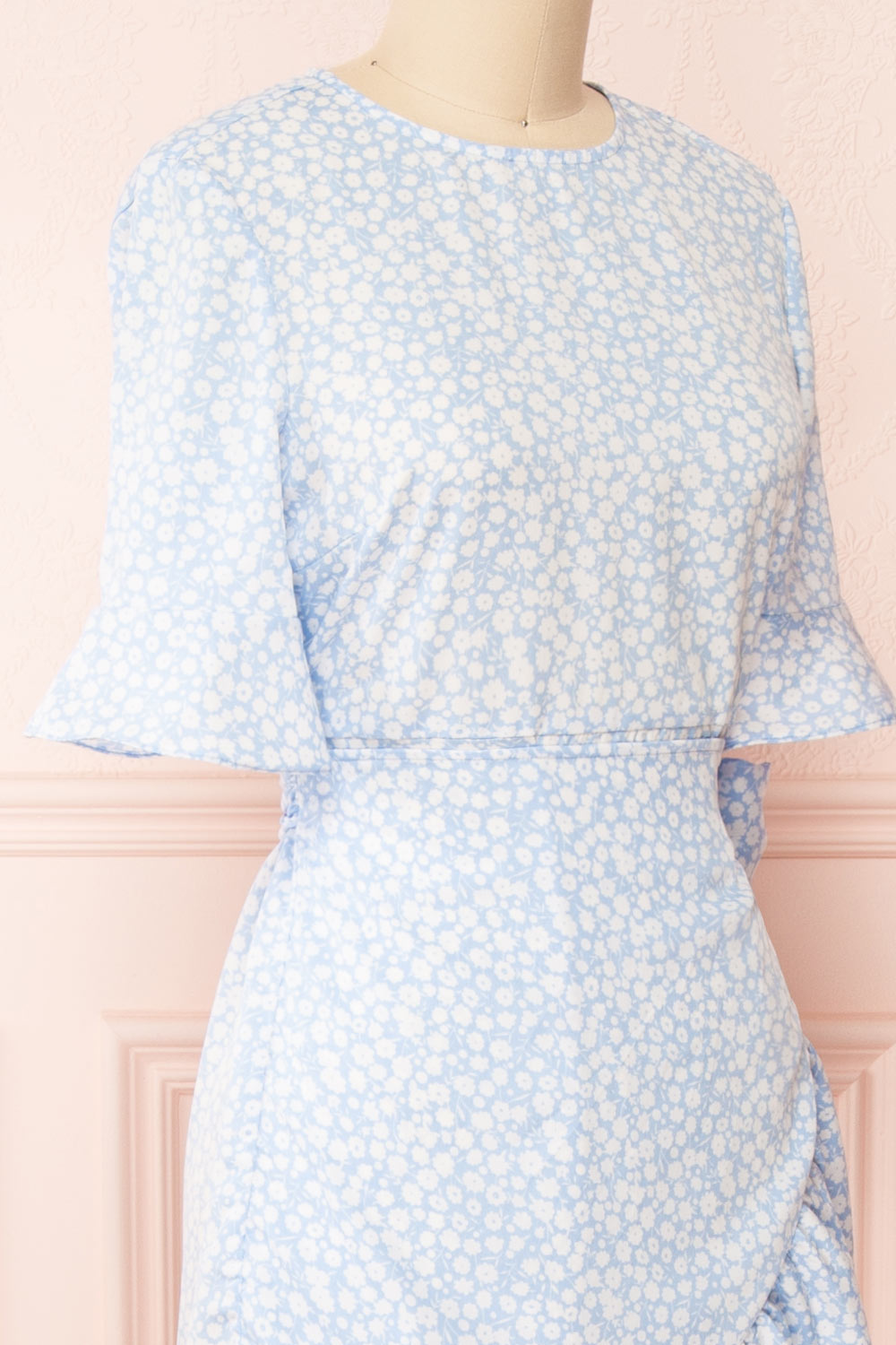 Stevette Blue Short Faux-Wrap Dress w/ Ruffles | Boutique 1861 side close-up