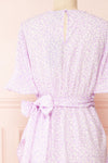 Stevette Lilac Short Faux-Wrap Dress w/ Ruffles | Boutique 1861 back close-up